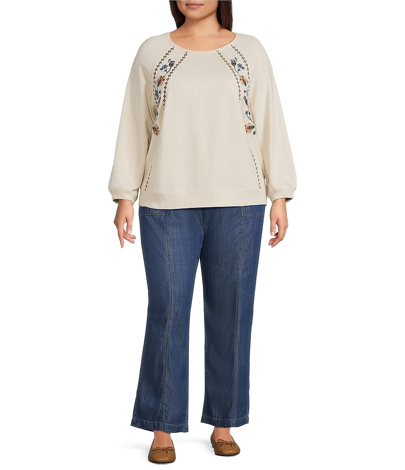 Nurture Plus Knit Crew Neck Long Sleeve Embroidered Top