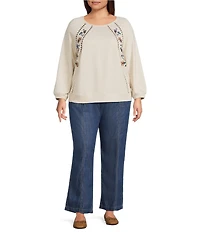 Nurture Plus Knit Crew Neck Long Sleeve Embroidered Top