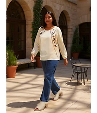 Nurture Plus Knit Crew Neck Long Sleeve Embroidered Top
