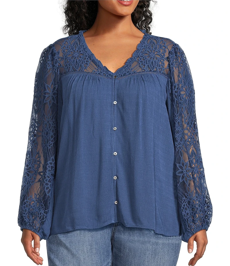 Nurture Plus Mixed Media Lace Y-Neck Long Sleeve Top