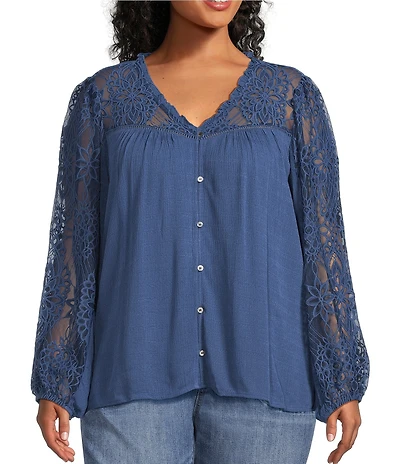 Nurture Plus Mixed Media Lace Y-Neck Long Sleeve Top