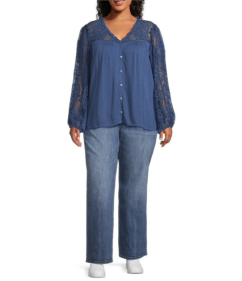 Nurture Plus Mixed Media Lace Y-Neck Long Sleeve Top