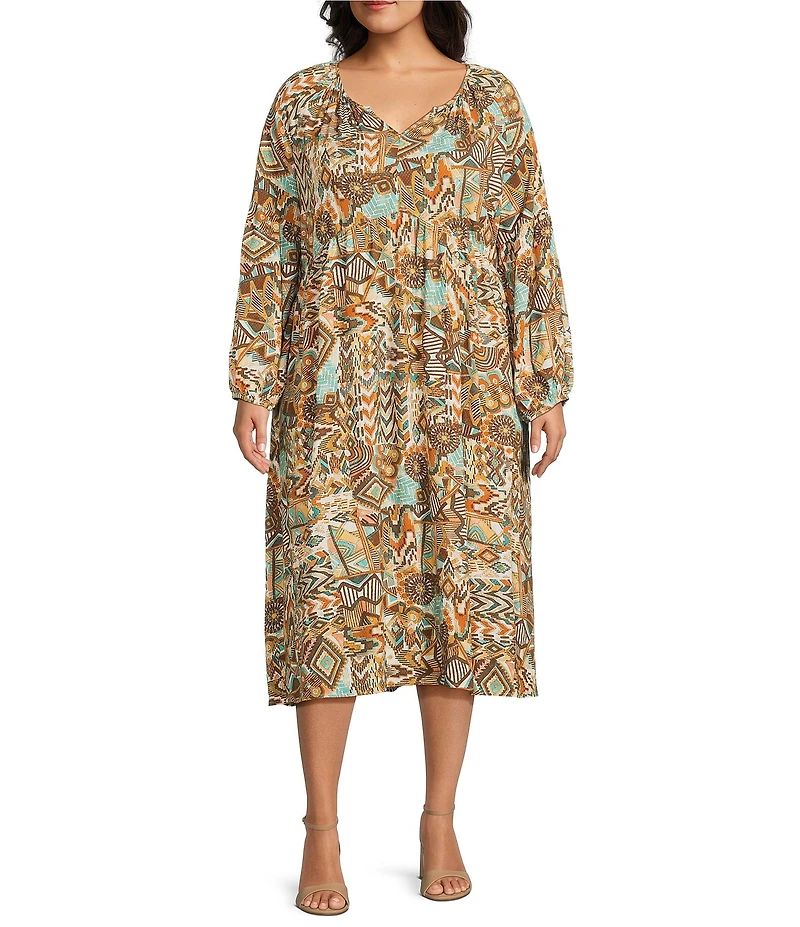 Nurture Plus Printed V-Neck 3/4 Sleeve Midi Dress