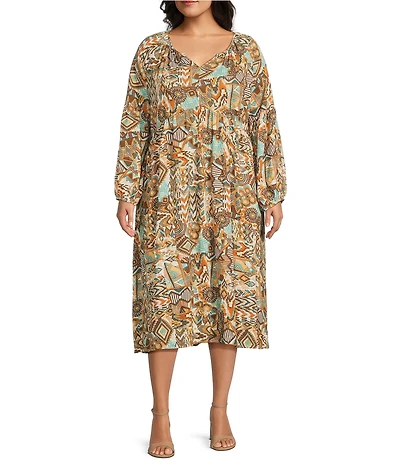 Nurture Plus Printed V-Neck 3/4 Sleeve Midi Dress