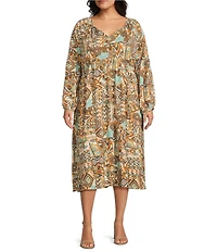 Nurture Plus Printed V-Neck 3/4 Sleeve Midi Dress