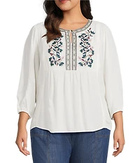Nurture Plus Size 3/4 Sleeve Keyhole Neck Embroidered Square Yoke Top