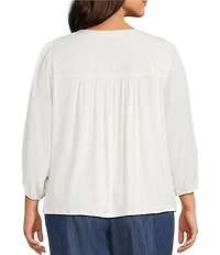 Nurture Plus Size 3/4 Sleeve Keyhole Neck Embroidered Square Yoke Top