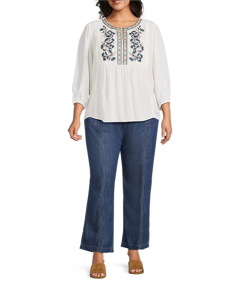 Nurture Plus Size 3/4 Sleeve Keyhole Neck Embroidered Square Yoke Top