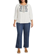 Nurture Plus Size 3/4 Sleeve Keyhole Neck Embroidered Square Yoke Top