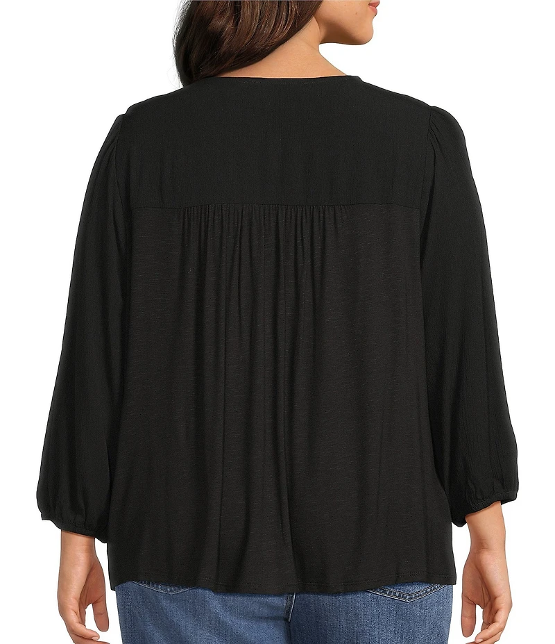Nurture Plus Size 3/4 Sleeve Keyhole Neck Embroidered Square Yoke Top