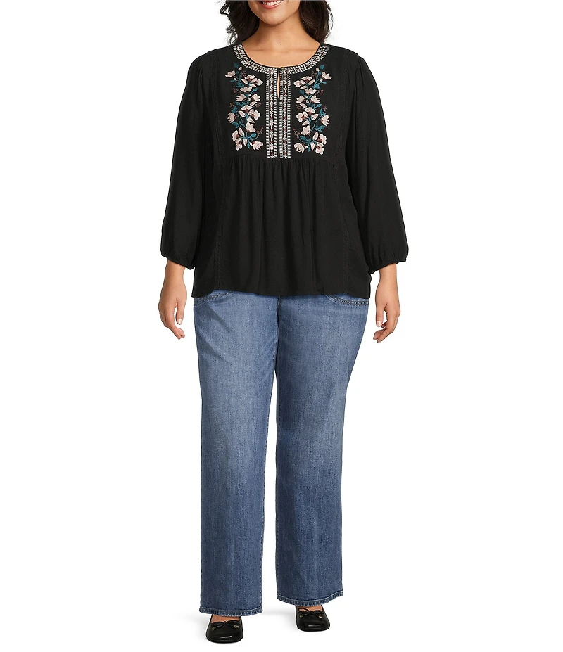 Nurture Plus Size 3/4 Sleeve Keyhole Neck Embroidered Square Yoke Top