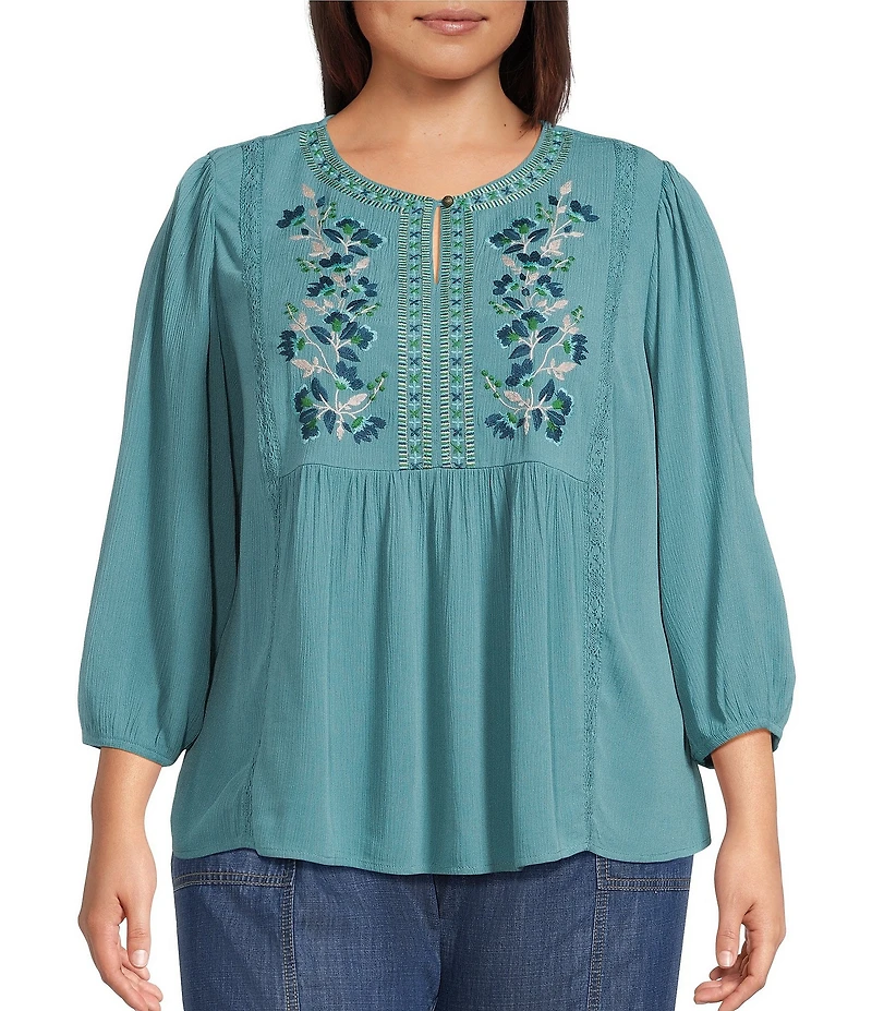 Nurture Plus Size 3/4 Sleeve Keyhole Neck Embroidered Square Yoke Top