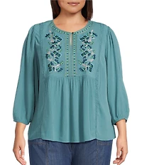 Nurture Plus Size 3/4 Sleeve Keyhole Neck Embroidered Square Yoke Top