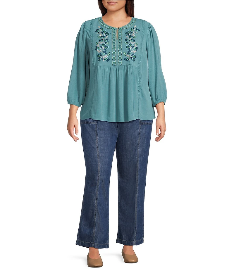 Nurture Plus Size 3/4 Sleeve Keyhole Neck Embroidered Square Yoke Top