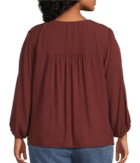 Nurture Plus Size 3/4 Sleeve Keyhole Neck Embroidered Square Yoke Top