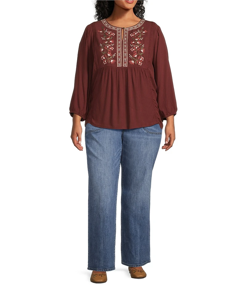 Nurture Plus Size 3/4 Sleeve Keyhole Neck Embroidered Square Yoke Top