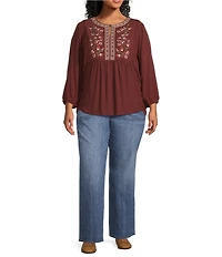 Nurture Plus Size 3/4 Sleeve Keyhole Neck Embroidered Square Yoke Top