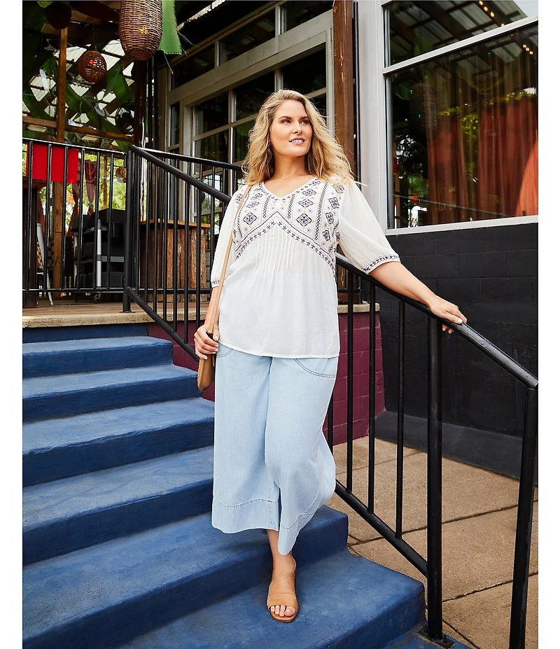 Nurture Plus Size Embroidered V-Neck Elbow Puff Sleeve Top