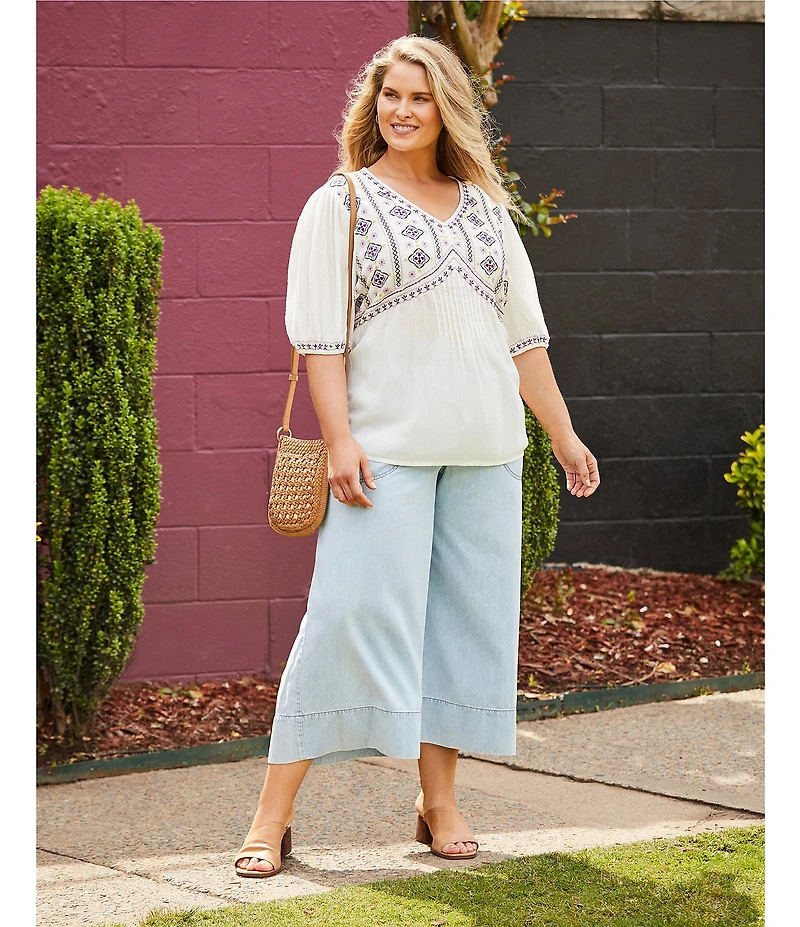 Nurture Plus Size Embroidered V-Neck Elbow Puff Sleeve Top