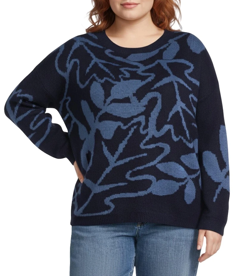 Nurture Plus Size Long Sleeve Crew Neck Navy Leaves Sweater