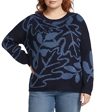 Nurture Plus Size Long Sleeve Crew Neck Navy Leaves Sweater