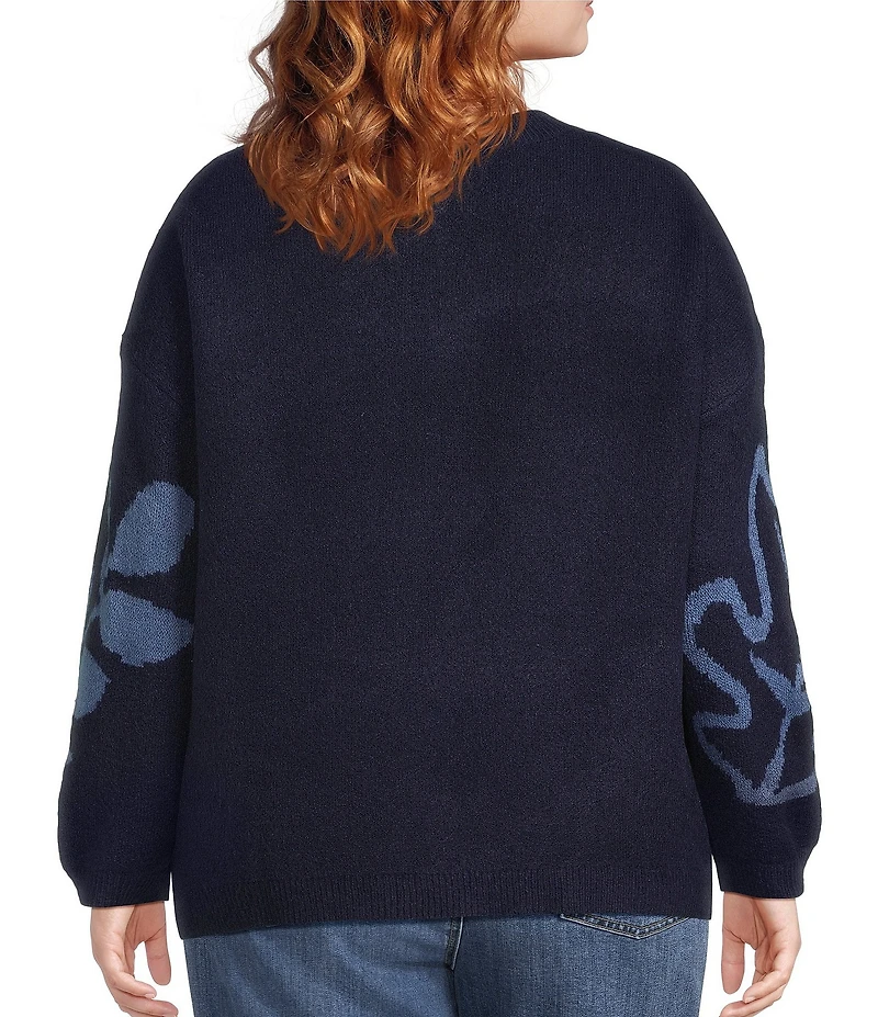 Nurture Plus Size Long Sleeve Crew Neck Navy Leaves Sweater