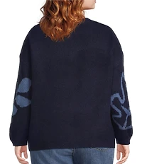 Nurture Plus Size Long Sleeve Crew Neck Navy Leaves Sweater