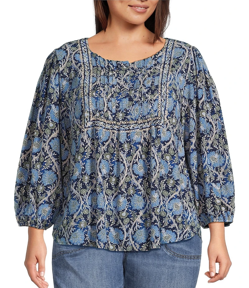 Nurture Plus Size Pintucked Yoke Crew Neck 3/4 Sleeve Top