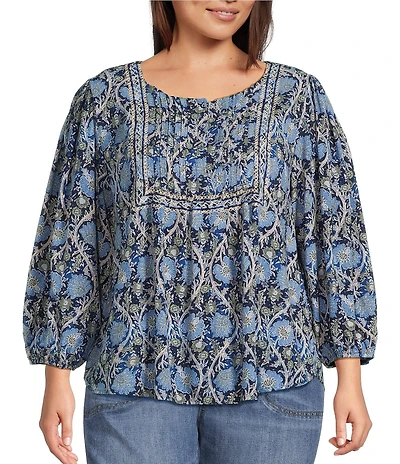 Nurture Plus Size Pintucked Yoke Crew Neck 3/4 Sleeve Top