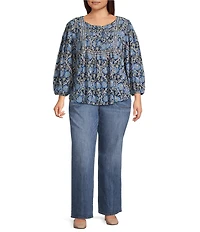 Nurture Plus Size Pintucked Yoke Crew Neck 3/4 Sleeve Top