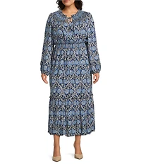 Nurture Plus Size Smocked Yoke Tassel V-Neck Long Sleeve Maxi Dress
