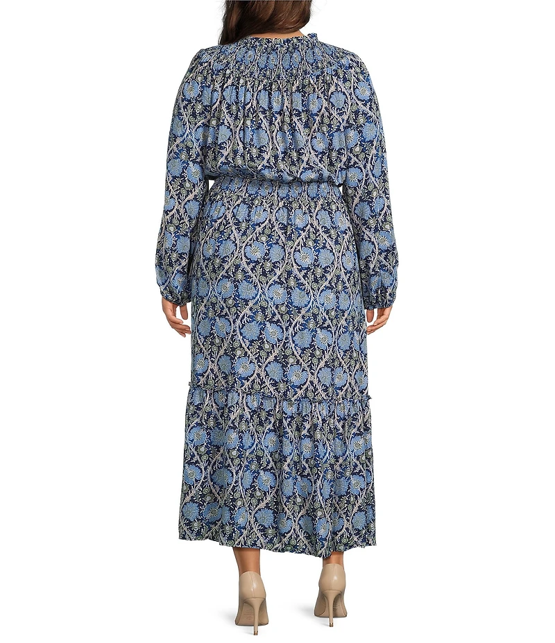 Nurture Plus Size Smocked Yoke Tassel V-Neck Long Sleeve Maxi Dress