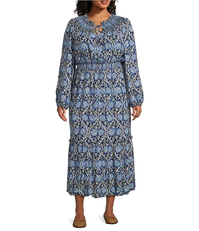 Nurture Plus Size Smocked Yoke Tassel V-Neck Long Sleeve Maxi Dress