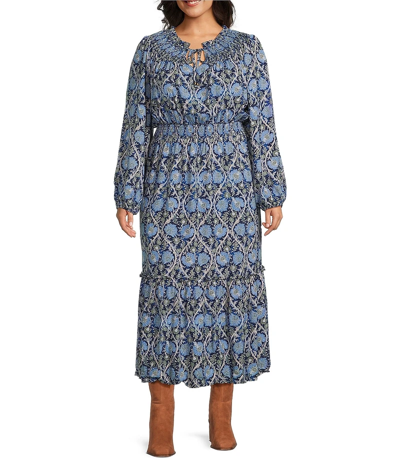 Nurture Plus Size Smocked Yoke Tassel V-Neck Long Sleeve Maxi Dress