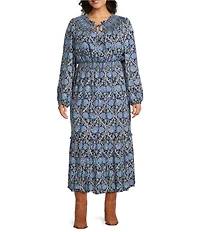 Nurture Plus Size Smocked Yoke Tassel V-Neck Long Sleeve Maxi Dress