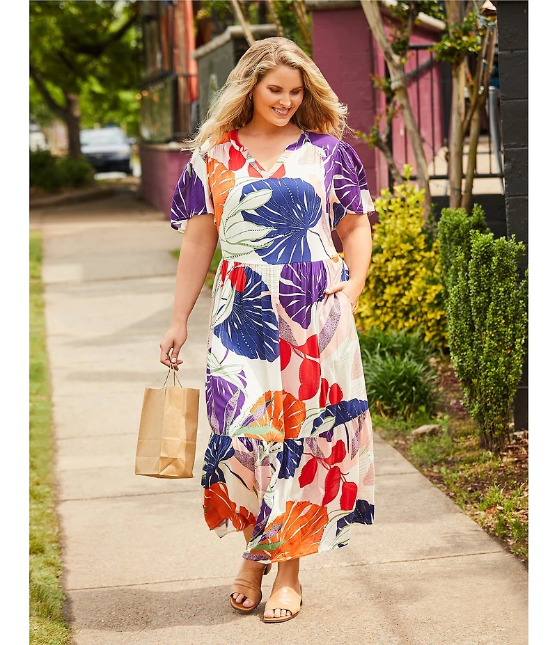 Nurture Plus Size Tropical Palm Print Short Flutter Sleeve V-Neck Maxi Dress