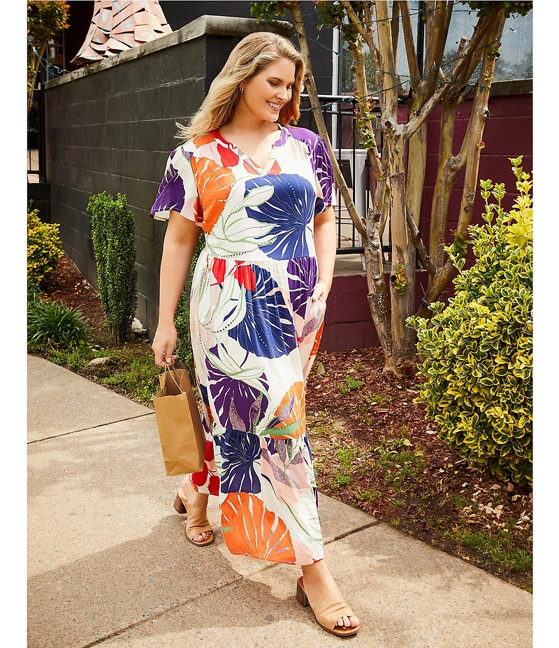 Nurture Plus Size Tropical Palm Print Short Flutter Sleeve V-Neck Maxi Dress