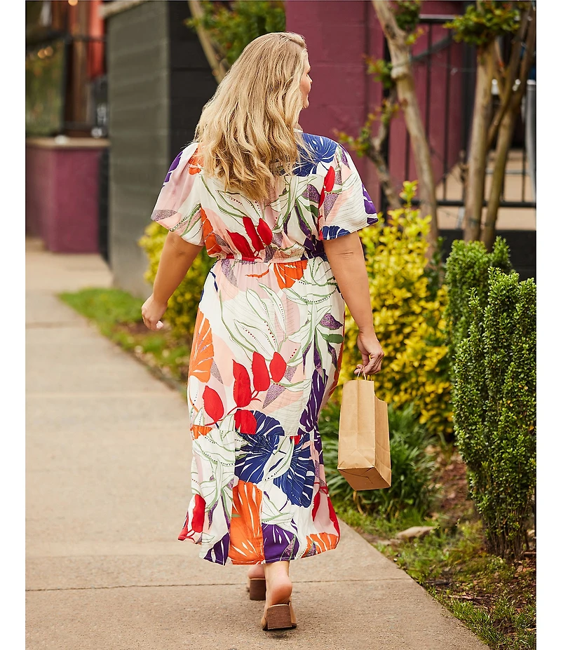Nurture Plus Size Tropical Palm Print Short Flutter Sleeve V-Neck Maxi Dress