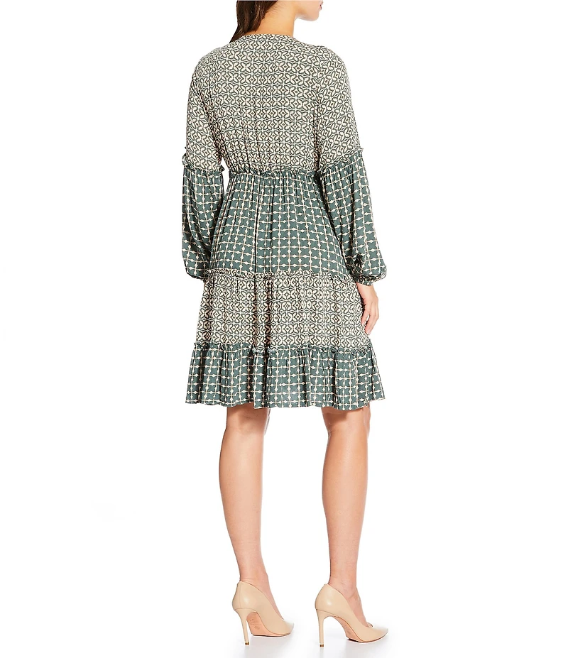 Nurture Print Mix V-Neck Long Sleeve A-Line Dress