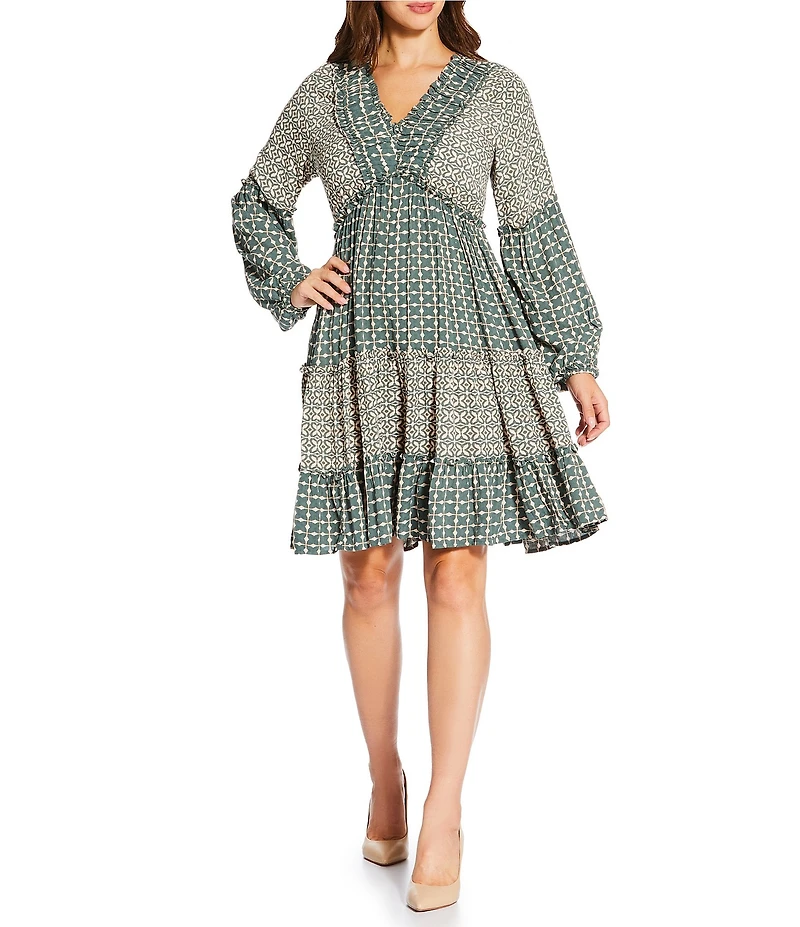 Nurture Print Mix V-Neck Long Sleeve A-Line Dress