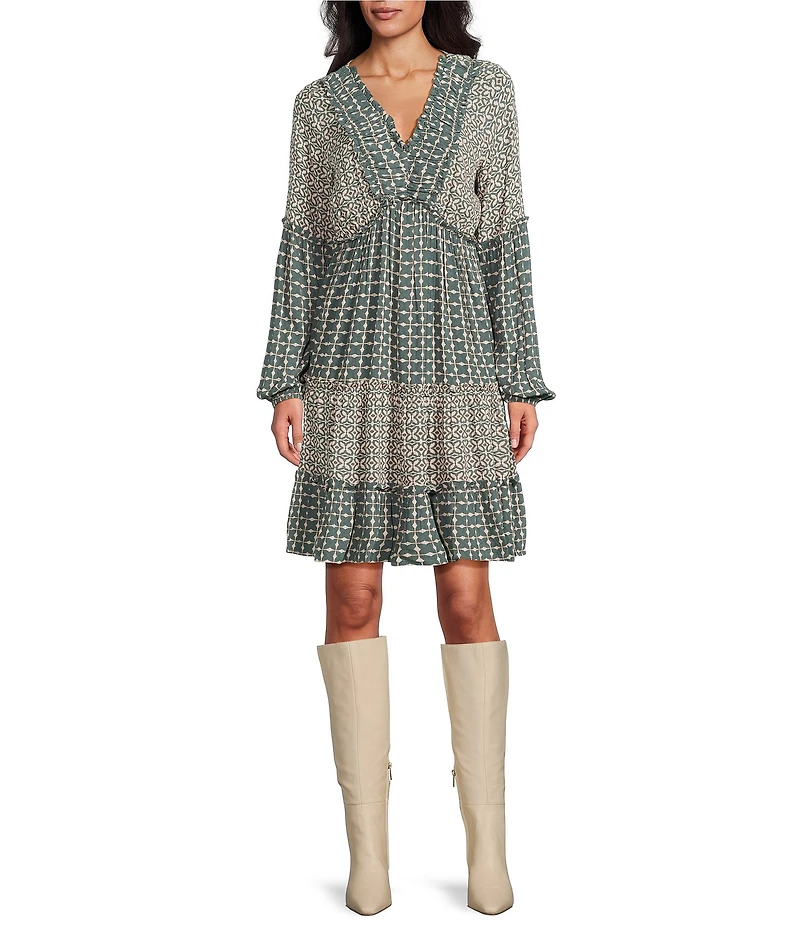 Nurture Print Mix V-Neck Long Sleeve A-Line Dress