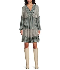Nurture Print Mix V-Neck Long Sleeve A-Line Dress
