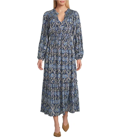 Nurture Smocked Yoke Tassel V-Neck Long Sleeve Maxi Dress