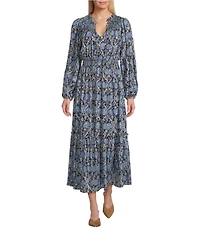 Nurture Smocked Yoke Tassel V-Neck Long Sleeve Maxi Dress