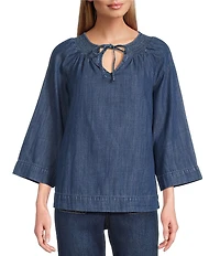 Nurture Smocked Yoke V-Neck Tassel 3/4 Sleeve Blouse