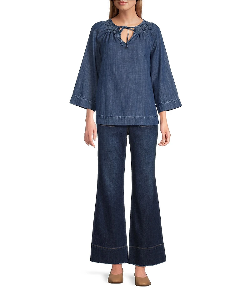Nurture Smocked Yoke V-Neck Tassel 3/4 Sleeve Blouse