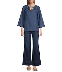 Nurture Smocked Yoke V-Neck Tassel 3/4 Sleeve Blouse