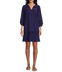 Nurture Solid Crinkle Woven Pleated 3/4 Sleeve Notch Neck Short Dress