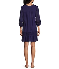 Nurture Solid Crinkle Woven Pleated 3/4 Sleeve Notch Neck Short Dress