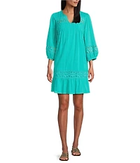 Nurture Solid Crinkle Woven Pleated 3/4 Sleeve Notch Neck Short Dress